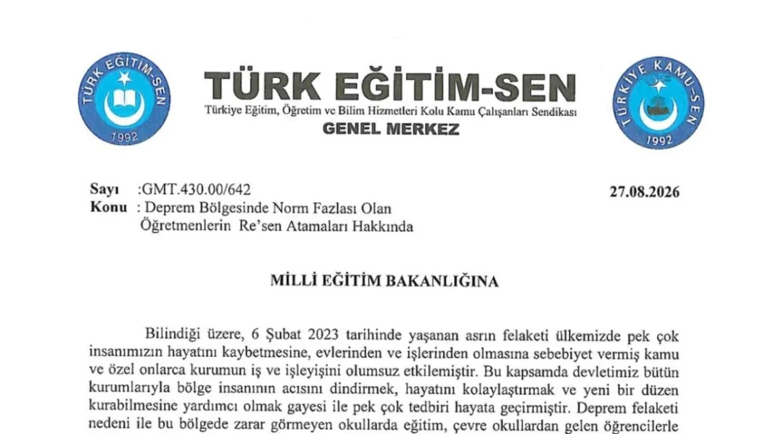 Türk Eğitim-Sen'den MEB'e Deprem Bölgesi Öğretmenleri İçin Başvuru